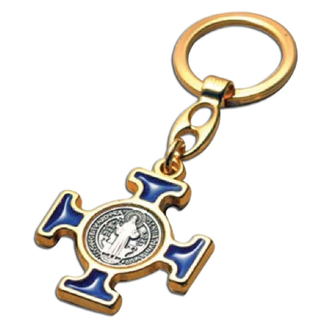 Key Chain: St. Benedict, Blue/Gold Cross