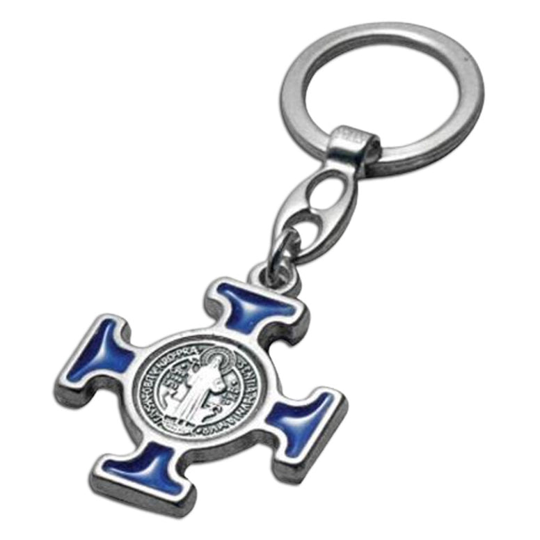 Keychain: St. Benedict, Blue/Silver Cross