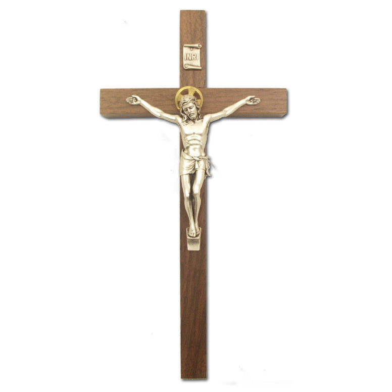 Walnut Cross with Silver Corpus & Gold Halo: 9"