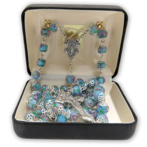 Hand-painted Glass Rosary: Aqua